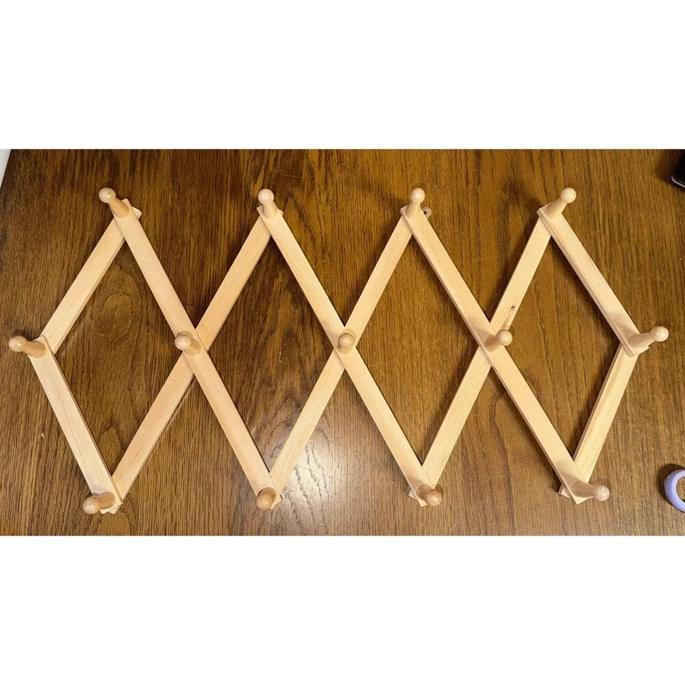 Vintage Wooden 13 Peg Accordian Hanging Wall Rack Expandable Cap Or Cup Hanger